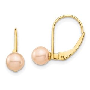 14k Yellow Gold  Childrens 5-6mm Pink Round FW Cultured Pearl Leverback Earrings